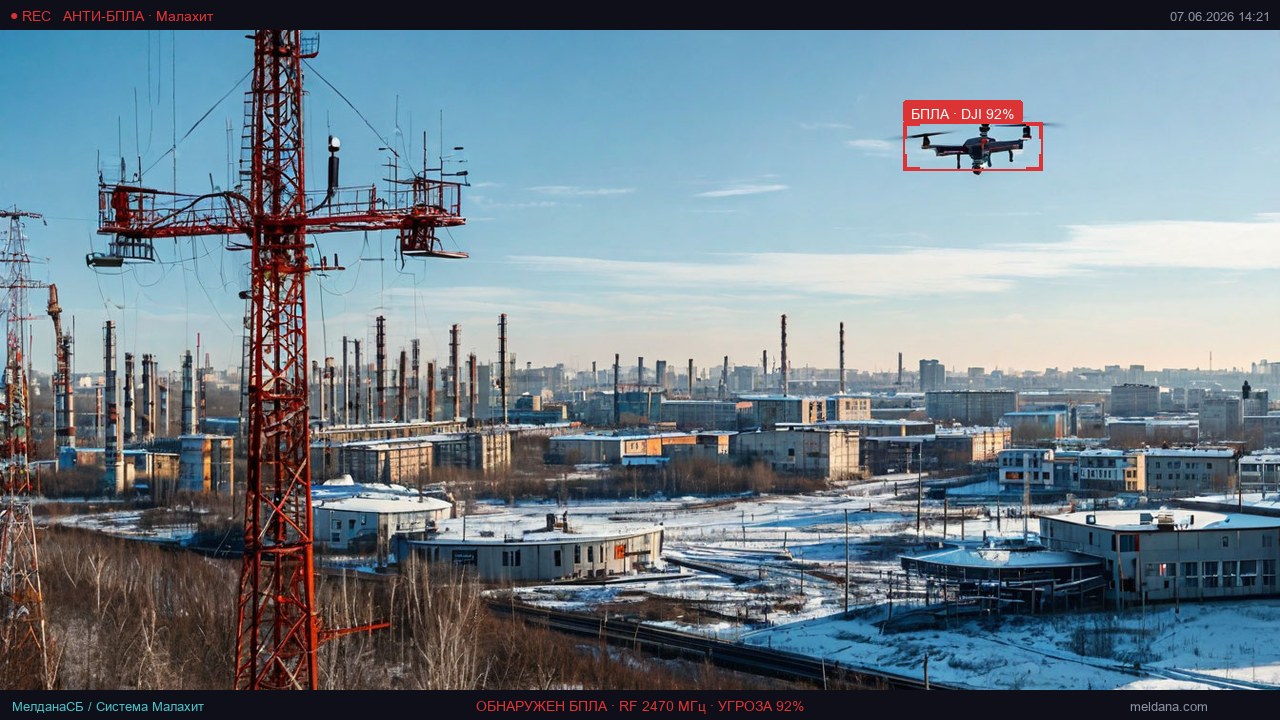 Обнаружение дрона над объектом системой Малахит Анти-БПЛА (RF + видео + акустика + радар)